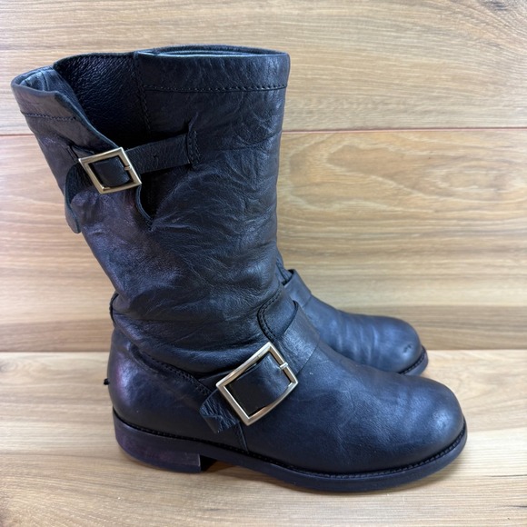 Jimmy Choo Shoes - Jimmy Choo FLAWED Buckle Boots 5.5 EU 35.5 Black Leather Mid Calf Biker Moto